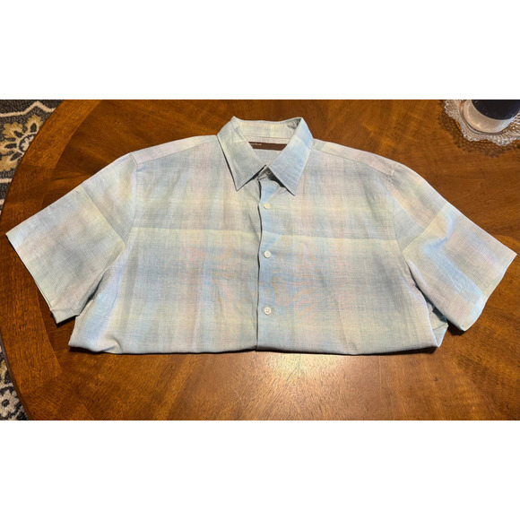 Perry Ellis Men Linen Button-Up Cotton Shirt Pastel Plaid - Picture 3 of 8
